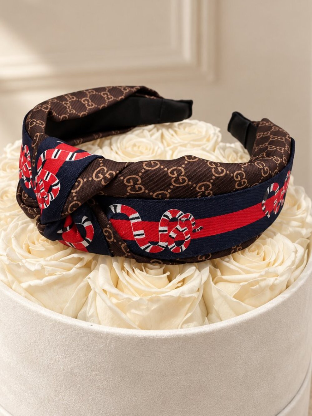 Brown Navy Red Snake Motif Knotted Headband Wide Statement Hair Accessory